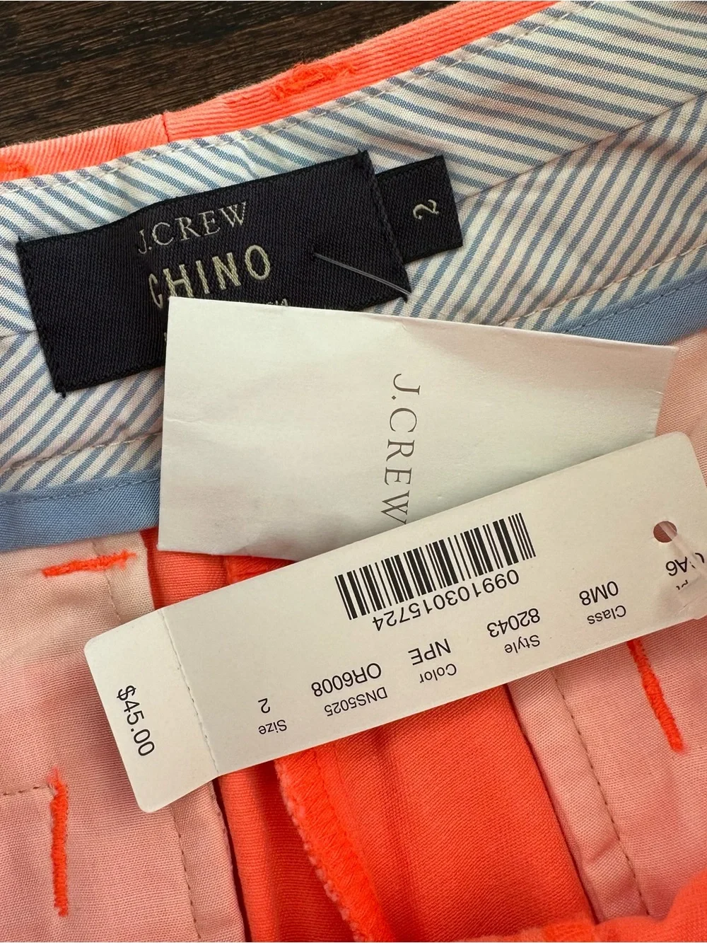 NWT J Crew neon orange 4in inseam chino shorts, size 2